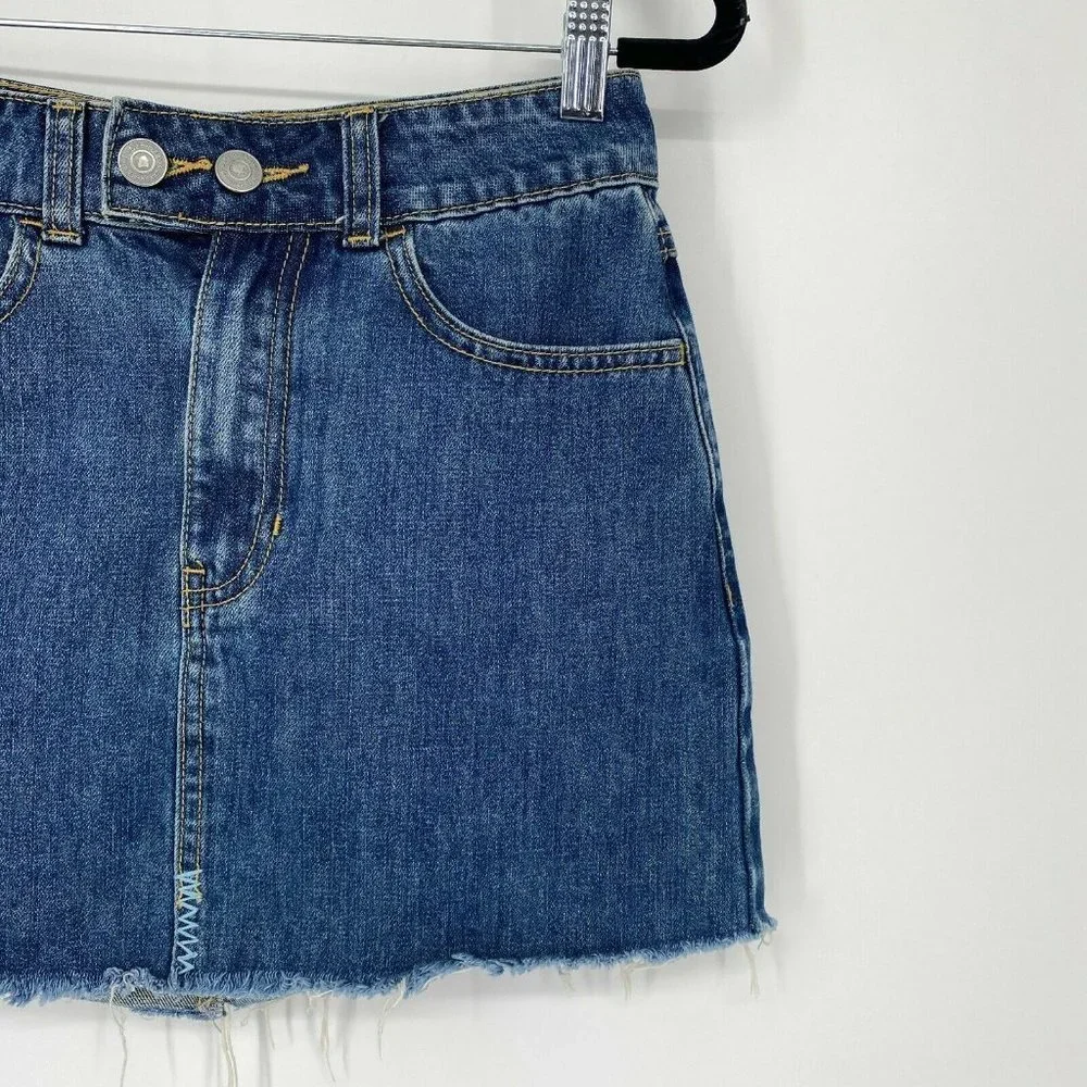 Marine Layer Mendes Denim Mini Skirt Women Size XS Raw Hem Cotton Dark Wash Blue - Picture 2 of 10